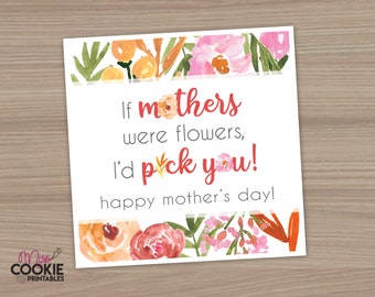 Printable Cookie Bouquet Mother's Day Square Tag 2 inch, 2.5 inch and 3 inch Floral Cookie Tag - Cookie Tag Mother's Day Cookie - Cookie Tag