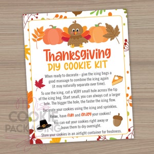 Thanksgiving Dekorieren Sie Ihre eigenen Cookie Kit Anweisungen Karte 10x15, Kinder Cookie Dekoration Kit Karte, Türkei Kürbis Blatt DIY Cookie Kit Karte