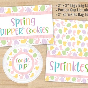 Frühling DIPPER Kekse druckbares Set, 3 &quot;x 2&quot; Dippers Etikett / Anhänger, 3&quot; Streusel Taschendeckel und 2&quot; & 2&quot; Portion Cup Deckel Etikett / Anhänger, Dippers Set