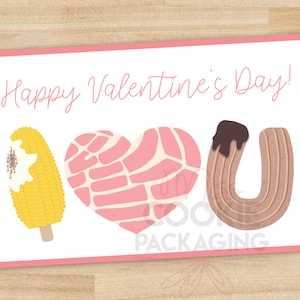May include: A pink Valentine's Day card with the text "Happy Valentine's Day!" and three food items: a corn on the cob, a heart-shaped pastry, and a chocolate-covered pastry shaped like the letter "U".