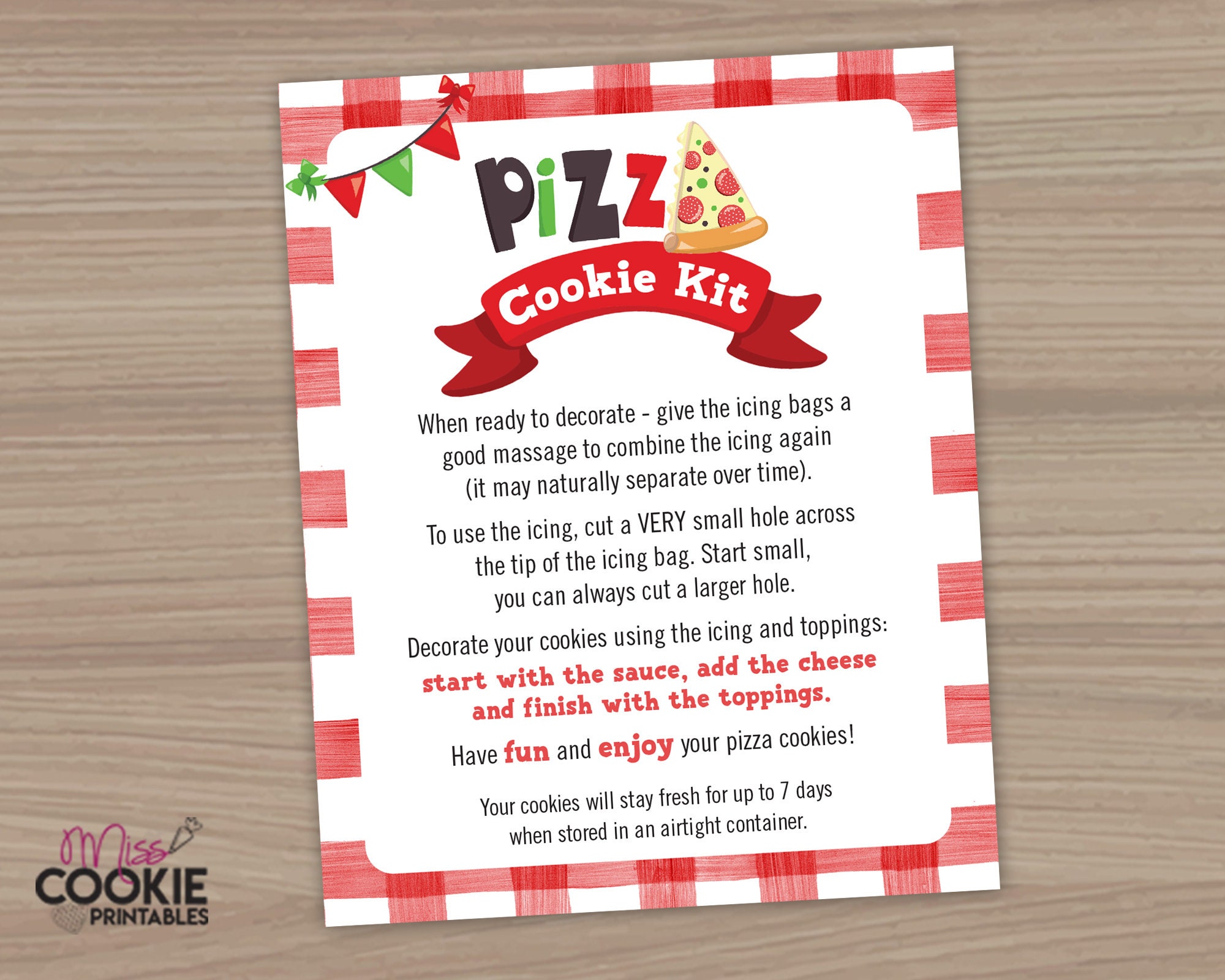 Printable BUTTERCREAM Pizza Cookie Kit Instructions Card - Etsy