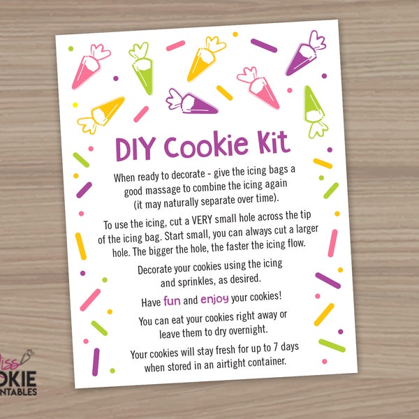 DIY Cookie Kit Instructions - Piping Bag Sprinkles - Printable Card - 4" X 5" - Cookie Packaging - Digital Download