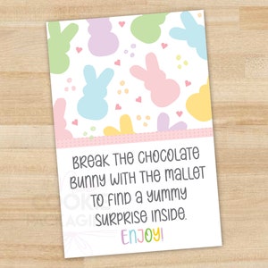 Breakable Chocolate Bunny 2x3&quot; Tag, Colorful Hearts Chocolate Bunny Card, Easter Breakable, Smash Chocolate Tag, Break Chocolate Bunny Tag