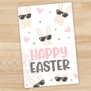 Joyeuses Pâques 2 "x 3" cookie tag, Tan Colored Cute Bunny cookie tag, Pink Hearts Bunny Glasses gift tag, Bunny Cookie Packaging tag