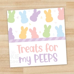 Peut inclure: Carte carrée blanche avec des silhouettes de lapins de Pâques pastel en vert, bleu, jaune et rose. La carte comporte une bande lavande et les mots "Treats for my PEEPS" en rose et violet.