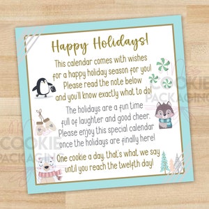 12 Tage Hellblauer Cookie-Adventskalender-POEM (druckbare Datei) 12 x 12 cm Weihnachtsplätzchen-Adventskalenderkarte, Mini-Weihnachtsplätzchen-Karte