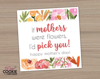 Printable Cookie Bouquet Mother's Day Square Tag 2 inch, 2.5 inch and 3 inch Floral Cookie Tag - Cookie Tag Mother's Day Cookie - Cookie Tag