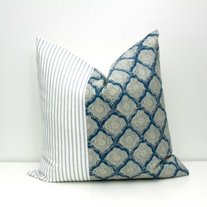 Blue Striped and Moroccan Pillow Cover, Farmhouse Throw Pillow, Navy Blue Cushion Cover, Modern Coastal Decor, 18x18 Pillow Cover