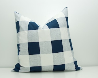 Navy Buffalo Check Pillow Cover, Farmhouse Throw Pillow, Blue Gingham Cushion, Rustic Modern Decor, Plaid Decorative Pillow