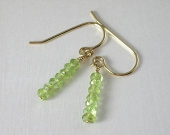 Peridot Gemstone Dangle Earrings. Gold Fill. Tiny Light Green Peridot Gemstone Earrings. August Birthstone.