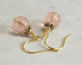 Blush Pink Czech Glass Earrings. Antique Gold. Handmade. Wire Wrapped Pink Earrings. Dangle Earrings. October Birthstone.