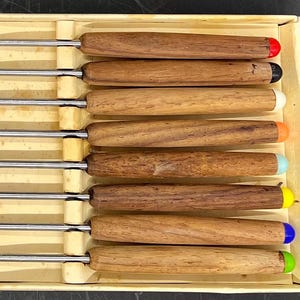 Vintage Stainless Steel Fondue Forks Set Of 8: MCM Color Coded Tips, Original Box