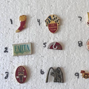 Vintage McDonald&#39;s Enamel Pins 13 To Choose From, Employee Lapel Pins, NFL, Fajita, Stocking, Race Car, Ronald, Pewter, Finland Flag