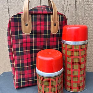 Vintage Red Plaid Aladdin Thermos Set with Carrier