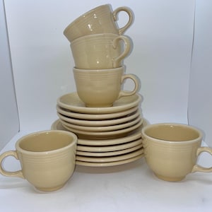 Fiesta Ware By Homer Laughlin, Yellow, Classic Tea Cups And Saucers, Salad Plates, Fiesta Pale Yellow Retired Color 2002, Fiestaware
