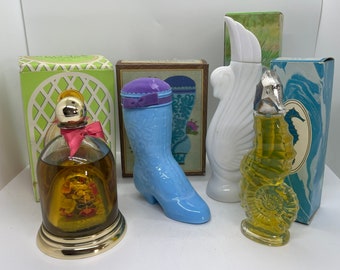 Vintage Avon Cologne Bottles, Swan Lake, Moonwind, Sea Horse Miniture, Bell Jar Brocade Cologne, Fashion Boot Pin Cushion, Roses Cologne