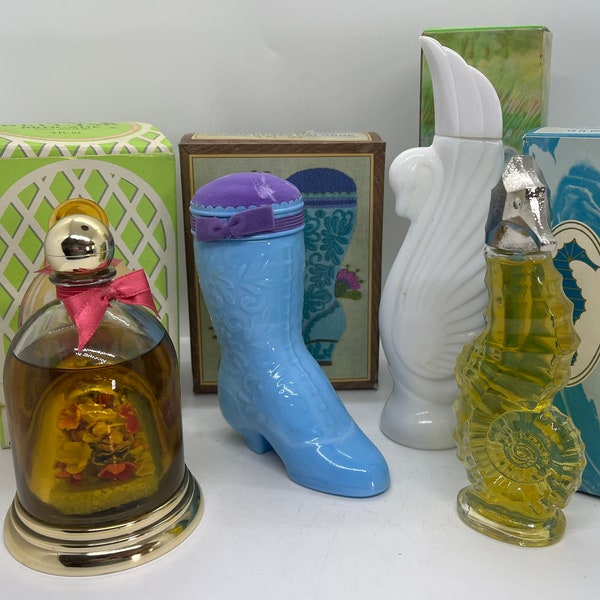 Vintage Avon Cologne Bottles, Swan Lake, Moonwind, Sea Horse Miniture, Bell Jar Brocade Cologne, Fashion Boot Pin Cushion, Roses Cologne