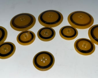 Vintage Celluloid Buttons, Set Of 11 Matching Buttons, Art Deco Style Buttons, Gold With Black Circle, Two Sizes Matching Buttons,Tan Black