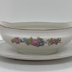 Vintage Homer Laughlin Gravy Boat: Bristol Floral with Gold Rim