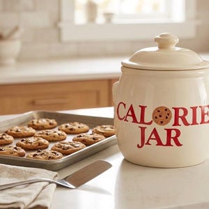 May include: A cream-colored ceramic cookie jar with a lid, featuring the words "CALORIE JAR" in red, with a cookie graphic. A baking sheet with chocolate chip cookies and a spatula are in the foreground.