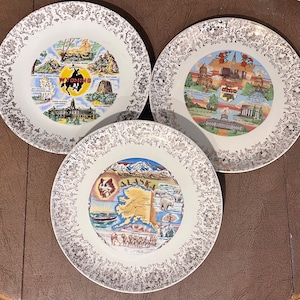 Placas de recuerdo estatales antiguas con borde de filigrana, Alaska, Ohio, Wyoming, Devils Tower, Jenny Lake, Buckeye State, el estado número 49, kitsch,