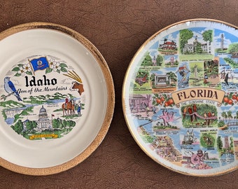 Vintage Souvenir State Plates, Idaho Gem Of The Mountains, Florida The Sunshine State, Gold Rims, Retro Collector Plates, Kitschy Decor