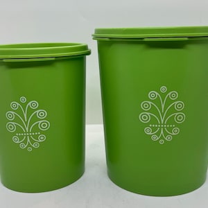 Vintage Lime Green Apple Tupperware Nesting Servalier Cannisters, 811-13 and 808-13, Set Of 2, Retro Kitchen, 70&#39;s Kitchen, Bright Color