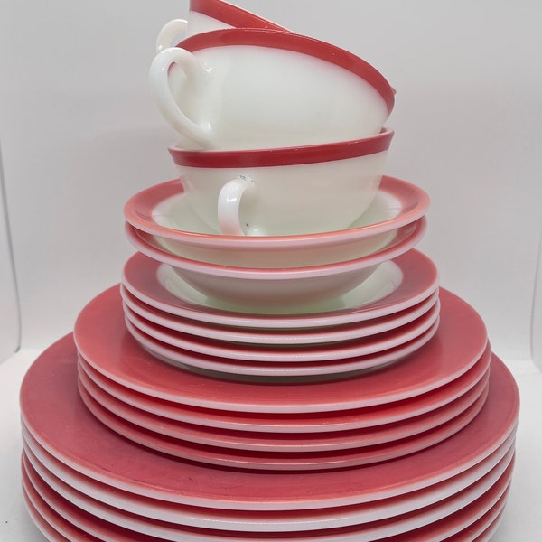 Vintage Pyrex Flamingo Dishes, Wide Stripe Pink Coral Dinnerware, Retro Pink Kitchenware, Milk White Glass, Farmhouse Kitchen, Sold By Style