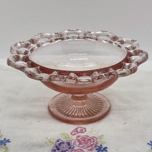 Vintage Pink Depression Glass,  Anchor Hocking Old Colony Lace Edge Compote Dish,  Footed Pink Candy Dish, Cottagecore, Baby Shower