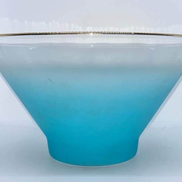 Vintage West Virginia Glass Blendo Frosted Large Blue Bowl, Turquoise, Ombre, Punch Bowl, Salad Bowl, Fruit Bowl, Serving Bowl, Gold Rim