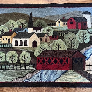 Hand Hooked Wool Rug: New England Village Folk Art Tapestry