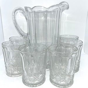 Vintage McKee Plutec Glass Pitcher Set: Early American Pattern