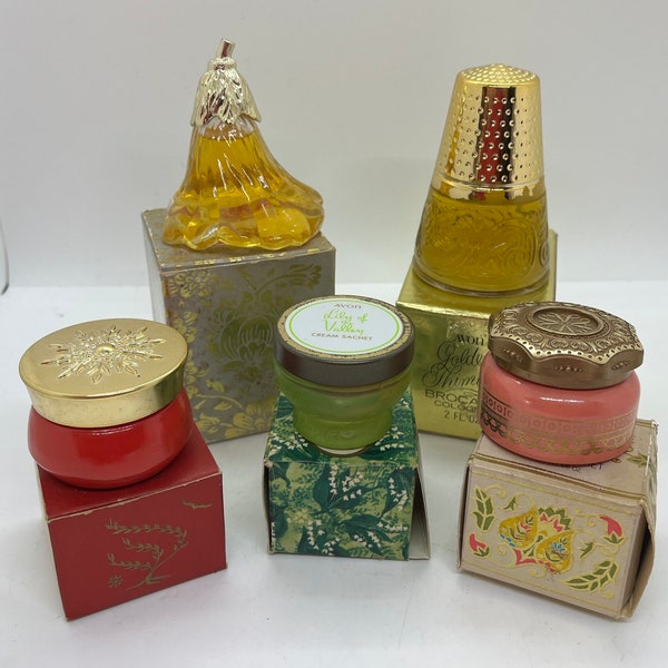 Vintage Avon Bottles, Golden Thimble Brocade, Petti Fleur Elusive Cologne, Persian Wood,  Unforgettable,  Lily Of The Valley Cream Sachets,