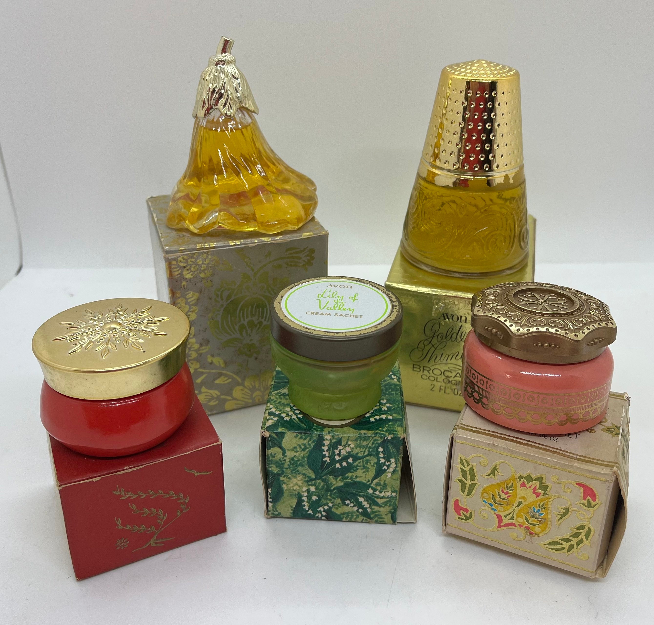 Vintage Avon Bottles, Golden Thimble Brocade, Petti Fleur Elusive Cologne, Persian Wood,  Unforgettable,  Lily Of The Valley Cream Sachets,