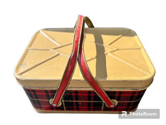 Vintage Picnic Baskets, Nesco Plaid Metal Picnic,… - image 2