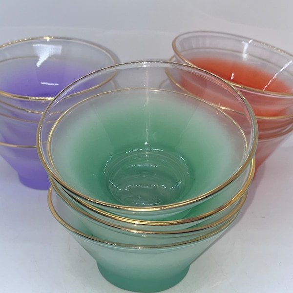 Vintage West Virginia Glass Blendo Frosted Bowls, Green, Orange, Purple With Gold Rims, Mid Century, Retro Glass, Ombre, Small Fruit, Snack