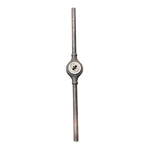May include: A grey metal tap and die handle featuring a central circular housing with a removable die insert. The tool has two long, straight, cylindrical handles extending from opposite sides of the center, designed for manual threading operations.