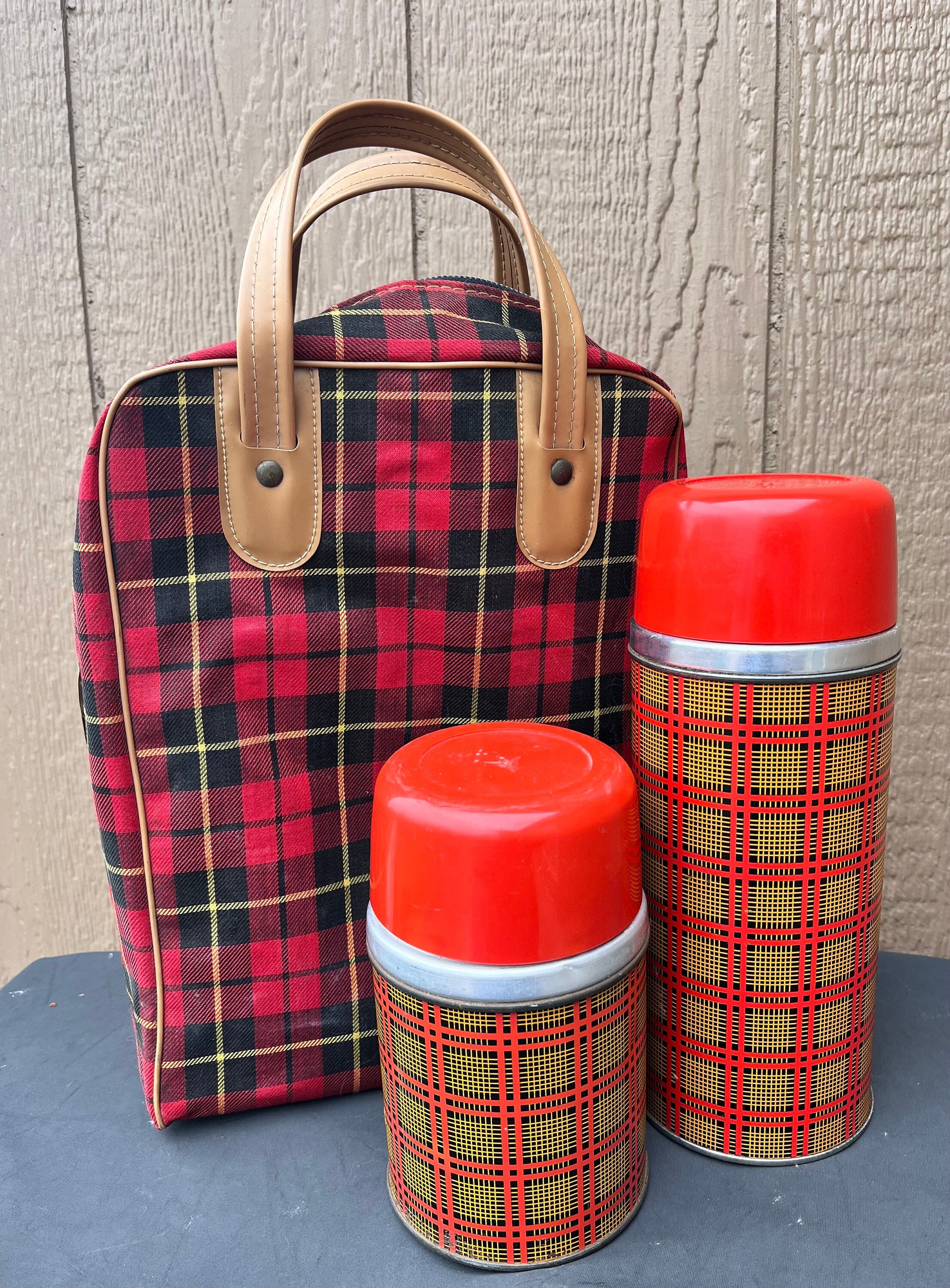 Vintage Red Plaid Aladdin Thermos Set with Carrier