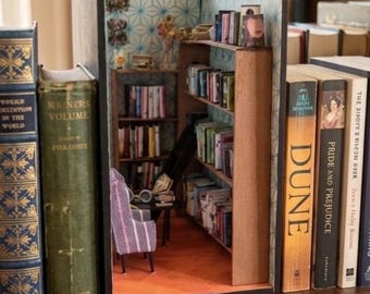 May include: A miniature diorama of a library scene, nestled between real books on a shelf. The diorama features a small chair, bookshelves filled with tiny books, and a patterned wallpaper. The title "Miniature Worlds" is on a brass plate.