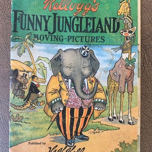 Vintage Kelloggs lustiges Dschungelland-Bewegtbilderbuch, Werbung, geröstete Corn Flakes, © 1909, patentierte 1907, Elefant,