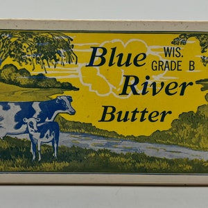 Vintage Blue River Butter Box, Borden Foods Co. Richland Center Wisconsin, Retro Butter Box, Farmhouse Kitchen Decor, Cow Decor,