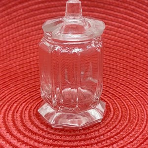 Vintage Small Glass Mustard Jar With Lid, Serving Condiment Lidded Jar, Octogen Base, Clear Glass, Lid With Slot For Spoon,