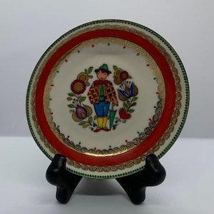 Vintage Folk Art Dish From Austria, Enameled Small Trinket Bowl, Folk Art, Iconic Austrian Boy, Beautiful Detail, Gold Trim, Souvenir
