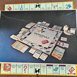 Gioco Monopoly d'epoca, edizione anniversario, 1974, completo, extra: porta carte di proprietà, vassoio del banchiere, due set di denaro, due gettoni extra,