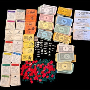 May include: A complete Monopoly board game set, featuring property cards, chance cards, community chest cards, play money, houses, hotels, and game tokens. The money denominations include $1, $5, $10, $20, $50, $100, and $500 bills.