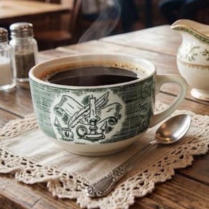 May include: A steaming cup of coffee in a decorative ceramic mug with a green and white design, resting on a lace doily. A silver spoon and a small creamer are nearby on a wooden table. Salt and pepper shakers are in the background.