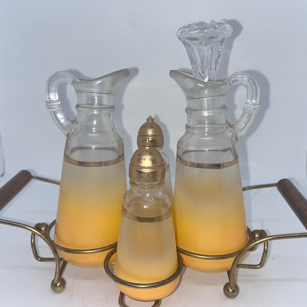 Vintage Ombre Yellow Cruet Set, Vinegar, Oil, Salt, Pepper With Rack, Anchor Hocking, Blendo, Mid Century Modern, Retro Yellow Kitchen