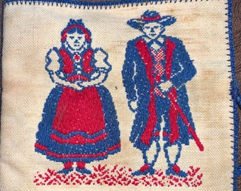 Vintage Embroidered Cloth Needle Case, Americana, Folk Art, Antique Sewing Case, Dutch Couple, Vintage Sewing Kit,
