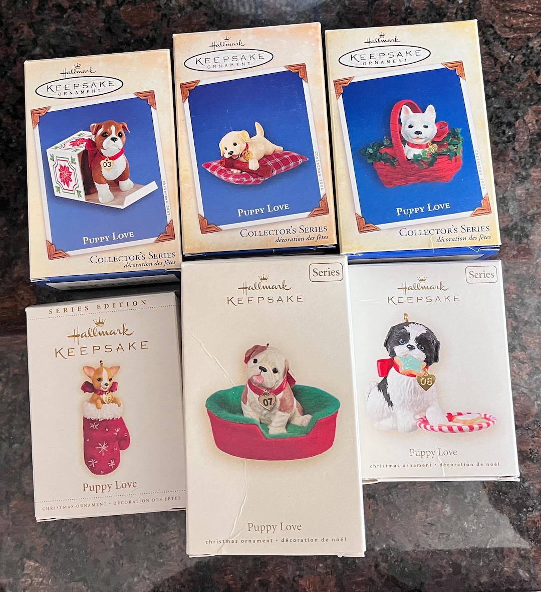 Hallmark Keepsake Christmas Ornaments, Puppy Love Series, Westie, Boxer, Bulldog, Chihuahua
