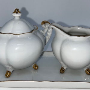 Vintage Lefton China Small White Covered Sugar Bowl And Creamer With Tray, Trimmed In Gold, # 5274, Dainty Single Serve Miniature Set